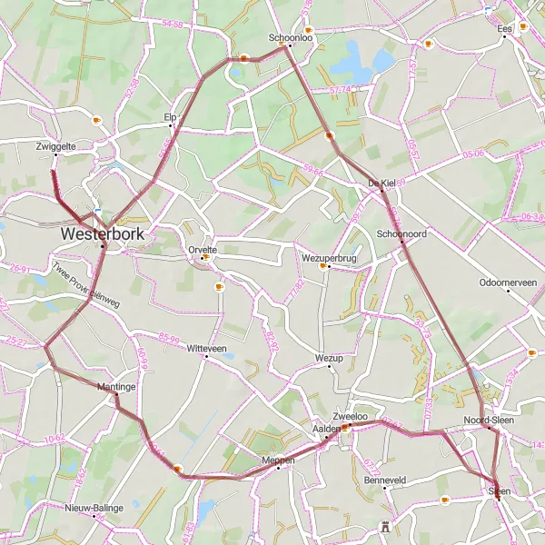 Map miniature of "Zweeloo and Mantinge Gravel Route" cycling inspiration in Drenthe, Netherlands. Generated by Tarmacs.app cycling route planner