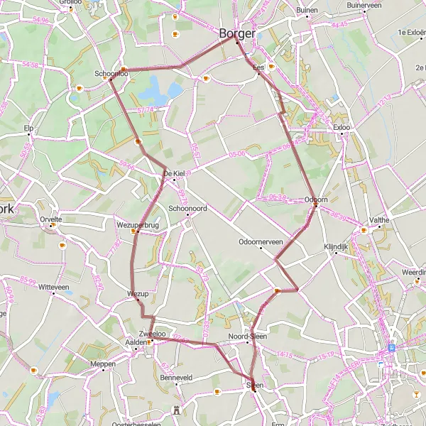 Map miniature of "Zweeloo and Schoonloo Gravel Route" cycling inspiration in Drenthe, Netherlands. Generated by Tarmacs.app cycling route planner
