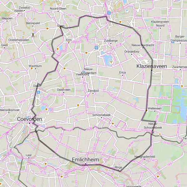 Map miniature of "Emmen and Coevorden Loop" cycling inspiration in Drenthe, Netherlands. Generated by Tarmacs.app cycling route planner