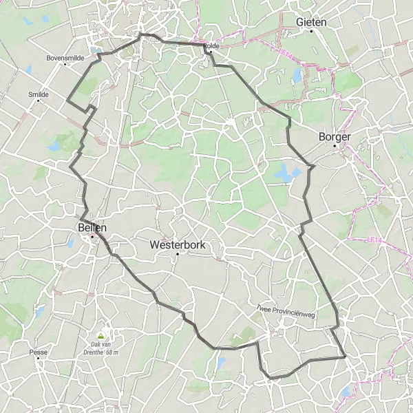 Miniatuurkaart van de fietsinspiratie "Historische dorpen van Drenthe" in Drenthe, Netherlands. Gemaakt door de Tarmacs.app fietsrouteplanner