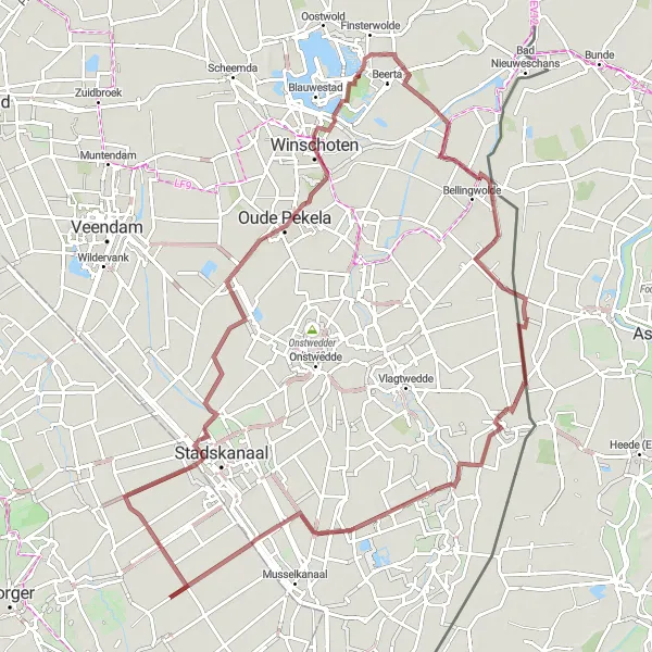 Miniatuurkaart van de fietsinspiratie "Avontuur door Nieuwe Pekela en Jipsinghuizen" in Drenthe, Netherlands. Gemaakt door de Tarmacs.app fietsrouteplanner