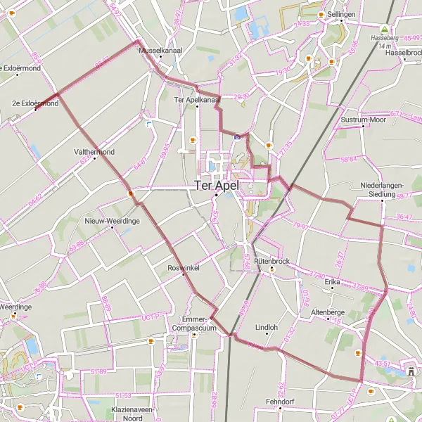 Miniatuurkaart van de fietsinspiratie "Gravelavontuur Roswinkel en Valthermond" in Drenthe, Netherlands. Gemaakt door de Tarmacs.app fietsrouteplanner