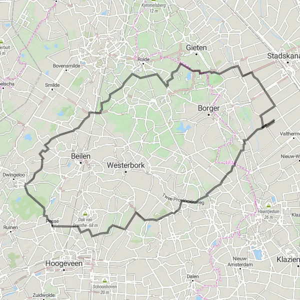 Map miniature of "Odoorn Star Time Trial" cycling inspiration in Drenthe, Netherlands. Generated by Tarmacs.app cycling route planner