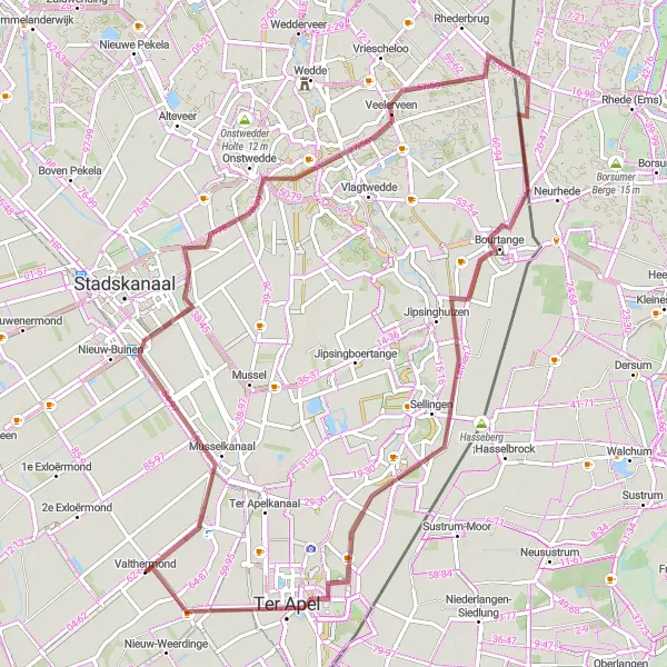 Map miniature of "The Gravel Journey to Bourtange and Agodorp" cycling inspiration in Drenthe, Netherlands. Generated by Tarmacs.app cycling route planner