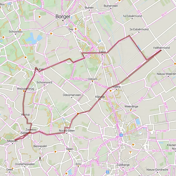 Map miniature of "The Gravel Adventure from Valthermond to Poolshoogte" cycling inspiration in Drenthe, Netherlands. Generated by Tarmacs.app cycling route planner