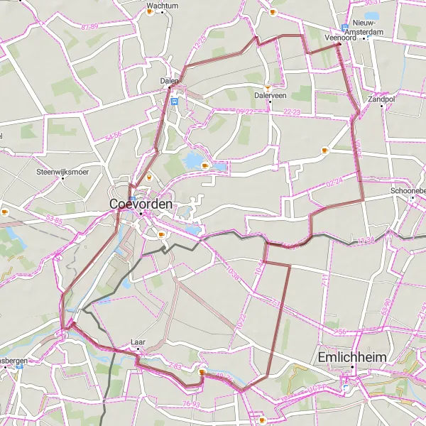 Map miniature of "Veenoord - Padhuis - Laar - Dalen" cycling inspiration in Drenthe, Netherlands. Generated by Tarmacs.app cycling route planner