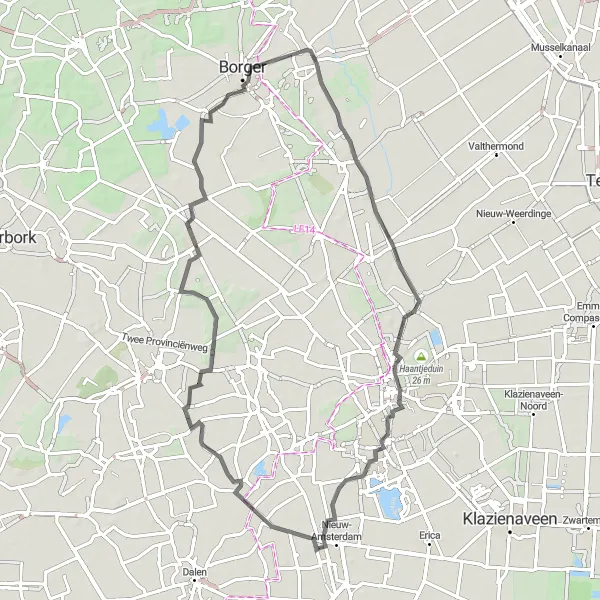 Map miniature of "Veenoord - Schoonoord - Buinen - Nieuw-Amsterdam" cycling inspiration in Drenthe, Netherlands. Generated by Tarmacs.app cycling route planner