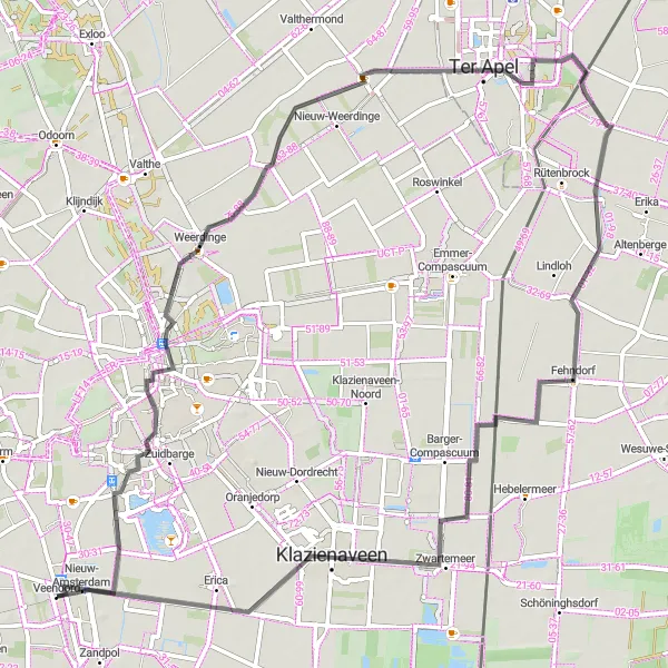 Map miniature of "Veenoord - Nieuw-Amsterdam - Dakterras Holdert - Ter Apel - Klazienaveen" cycling inspiration in Drenthe, Netherlands. Generated by Tarmacs.app cycling route planner