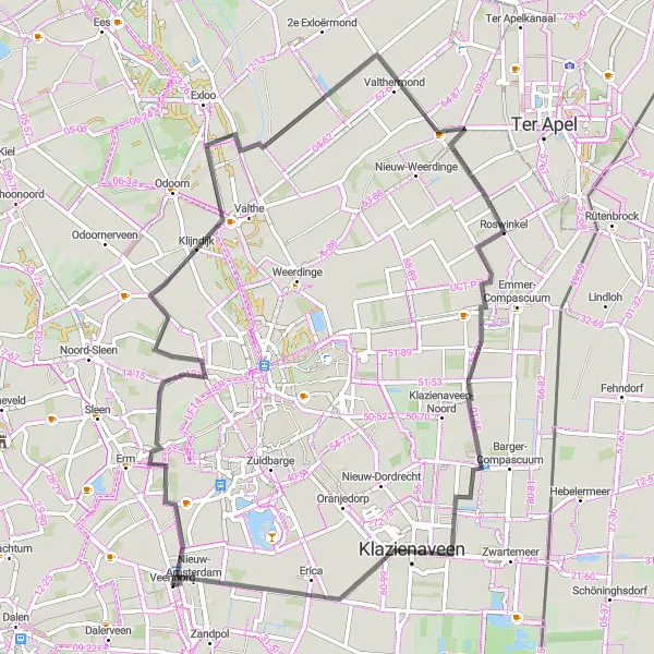 Map miniature of "Veenoord - Wilhelmsoord - Klijndijk - Valthermond - Roswinkel - Klazienaveen - Nieuw-Amsterdam" cycling inspiration in Drenthe, Netherlands. Generated by Tarmacs.app cycling route planner