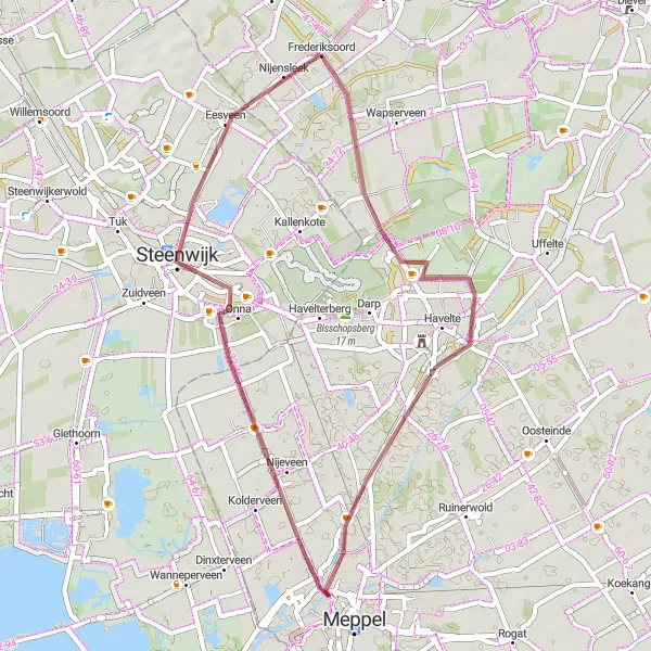 Map miniature of "A Ride Through Historical Havelte and Frederiksoord" cycling inspiration in Drenthe, Netherlands. Generated by Tarmacs.app cycling route planner