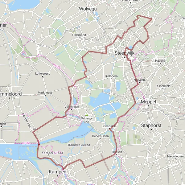 Miniatuurkaart van de fietsinspiratie "Gravelroute van Steenwijk naar Wilhelminaoord" in Drenthe, Netherlands. Gemaakt door de Tarmacs.app fietsrouteplanner