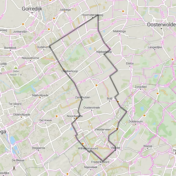 Miniatuurkaart van de fietsinspiratie "Fietsroute door Wilhelminaoord en Hoornsterzwaag" in Drenthe, Netherlands. Gemaakt door de Tarmacs.app fietsrouteplanner