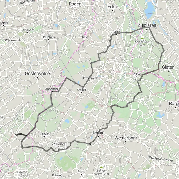 Miniatuurkaart van de fietsinspiratie "Wegroute van Bosbergtoren naar Dwingeloo" in Drenthe, Netherlands. Gemaakt door de Tarmacs.app fietsrouteplanner