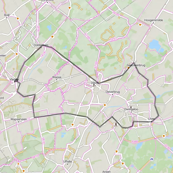 Map miniature of "Vledder - Doldersum Loop" cycling inspiration in Drenthe, Netherlands. Generated by Tarmacs.app cycling route planner