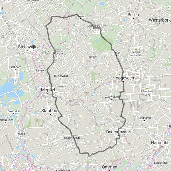 Miniatuurkaart van de fietsinspiratie "Lange fietstocht door Reestdal en omgeving" in Drenthe, Netherlands. Gemaakt door de Tarmacs.app fietsrouteplanner