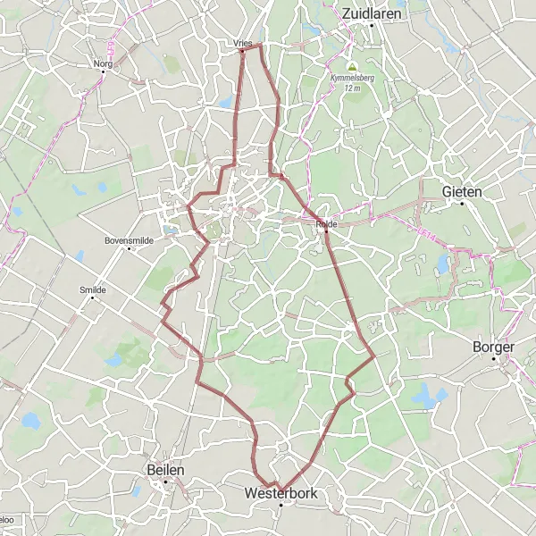 Map miniature of "Nature Reserves and Cultural Gems" cycling inspiration in Drenthe, Netherlands. Generated by Tarmacs.app cycling route planner