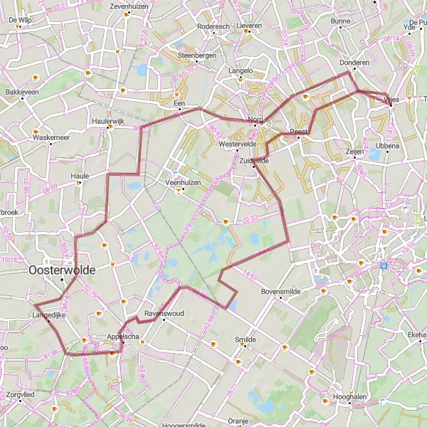 Map miniature of "The Zuidvelde and Norg Gravel Adventure" cycling inspiration in Drenthe, Netherlands. Generated by Tarmacs.app cycling route planner