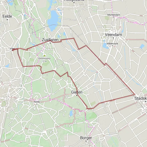 Miniatuurkaart van de fietsinspiratie "Gravelroute langs Drentse Dorpen" in Drenthe, Netherlands. Gemaakt door de Tarmacs.app fietsrouteplanner