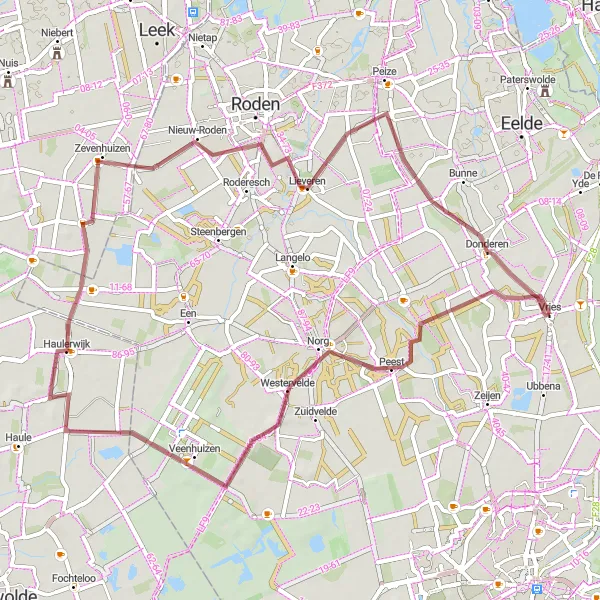 Map miniature of "The Vries and Een-West Gravel Adventure" cycling inspiration in Drenthe, Netherlands. Generated by Tarmacs.app cycling route planner