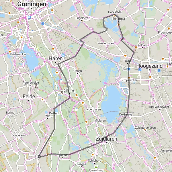 Map miniature of "Vries and Beyond" cycling inspiration in Drenthe, Netherlands. Generated by Tarmacs.app cycling route planner