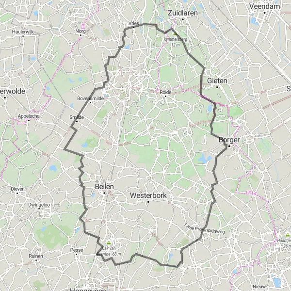 Miniatuurkaart van de fietsinspiratie "Uitdagende Route door Drenthe" in Drenthe, Netherlands. Gemaakt door de Tarmacs.app fietsrouteplanner