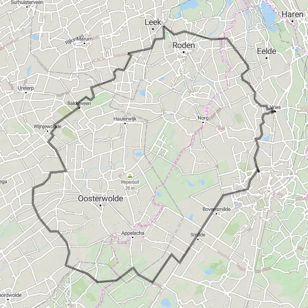 Map miniature of "The Ter Aard and Donderen Route" cycling inspiration in Drenthe, Netherlands. Generated by Tarmacs.app cycling route planner