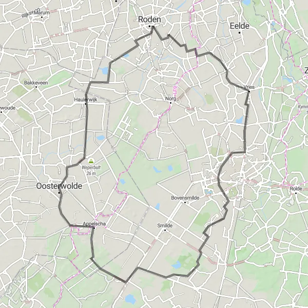 Map miniature of "The Ubbena and Roden Road Ride" cycling inspiration in Drenthe, Netherlands. Generated by Tarmacs.app cycling route planner