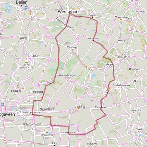 Miniatuurkaart van de fietsinspiratie "Avontuurlijk Gravelrijden rond Orvelte" in Drenthe, Netherlands. Gemaakt door de Tarmacs.app fietsrouteplanner