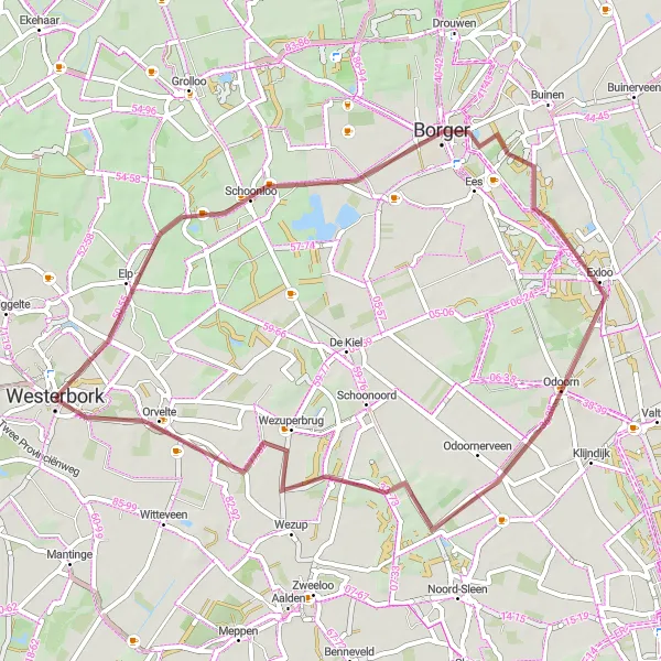 Map miniature of "Westerbork Gravel Adventure" cycling inspiration in Drenthe, Netherlands. Generated by Tarmacs.app cycling route planner