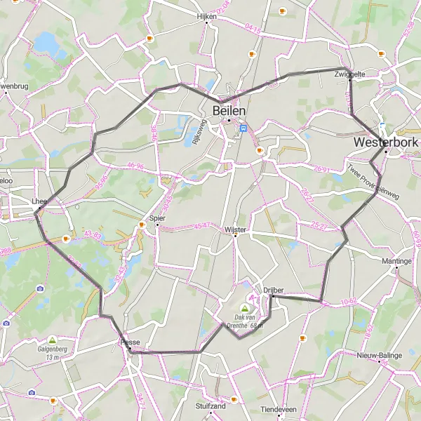 Map miniature of "Road Route: Westerbork to Bruntinge" cycling inspiration in Drenthe, Netherlands. Generated by Tarmacs.app cycling route planner