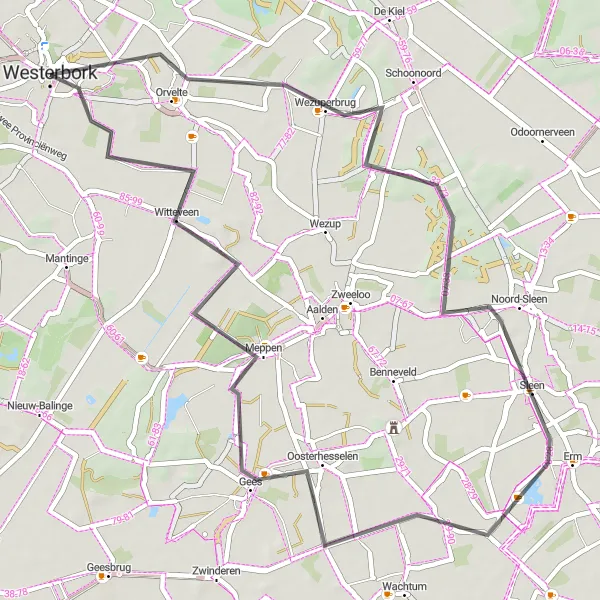 Miniatuurkaart van de fietsinspiratie "Fietsroute langs historische plekken" in Drenthe, Netherlands. Gemaakt door de Tarmacs.app fietsrouteplanner