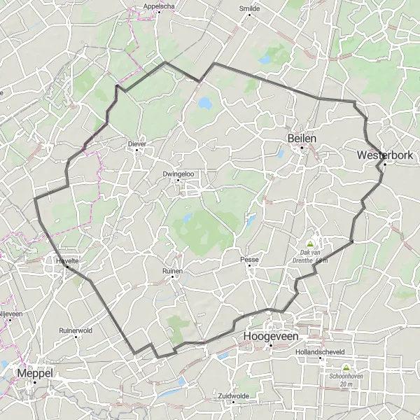 Map miniature of "Road Route: Westerbork to Westerbork" cycling inspiration in Drenthe, Netherlands. Generated by Tarmacs.app cycling route planner