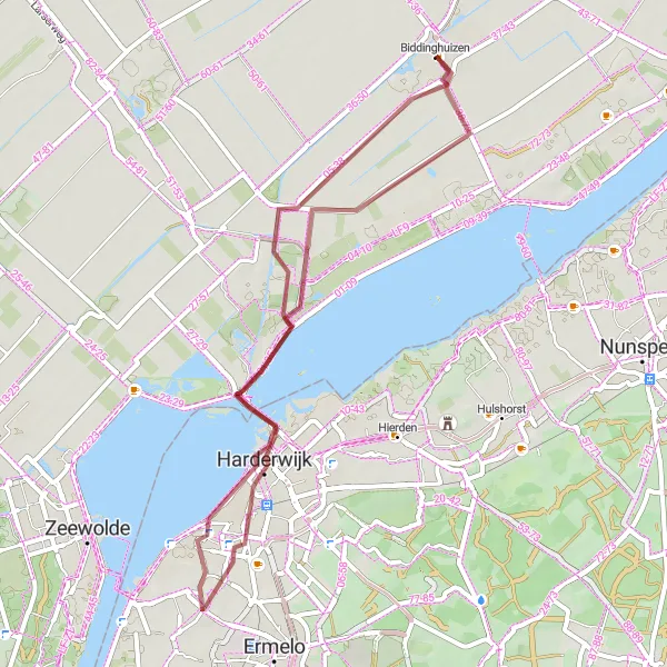 Map miniature of "Nature Escape: Wolderwijd & Harderwijk" cycling inspiration in Flevoland, Netherlands. Generated by Tarmacs.app cycling route planner