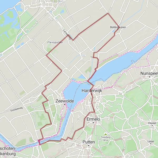 Miniatuurkaart van de fietsinspiratie "Graveltocht Veluwemeer-Nijkerk aan Zee" in Flevoland, Netherlands. Gemaakt door de Tarmacs.app fietsrouteplanner