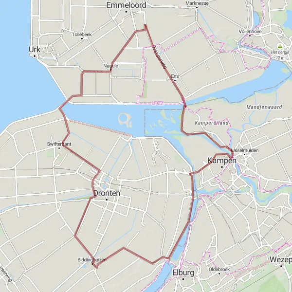 Miniatuurkaart van de fietsinspiratie "Gravelavontuur door N.O.P. en Kampen" in Flevoland, Netherlands. Gemaakt door de Tarmacs.app fietsrouteplanner