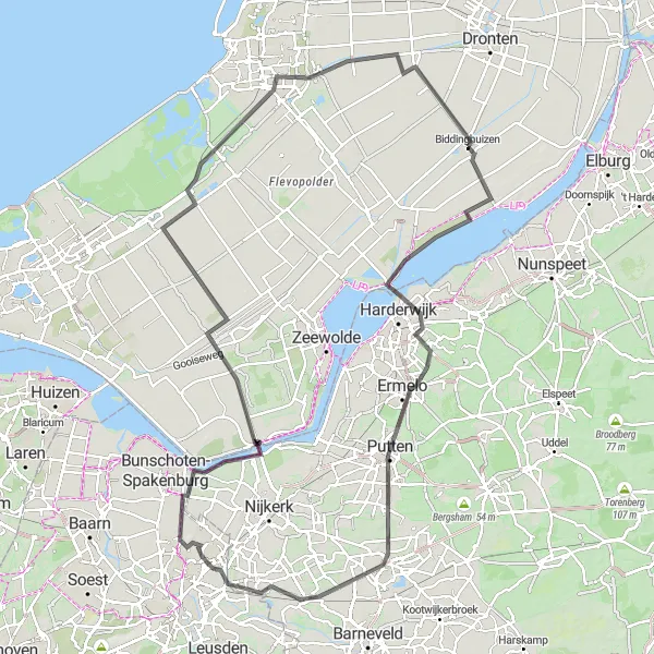 Miniatuurkaart van de fietsinspiratie "Veluwemeer-Nijkerk aan Zee" in Flevoland, Netherlands. Gemaakt door de Tarmacs.app fietsrouteplanner