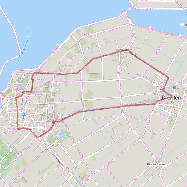Map miniature of "Dronten and Swifterbant Gravel Route" cycling inspiration in Flevoland, Netherlands. Generated by Tarmacs.app cycling route planner
