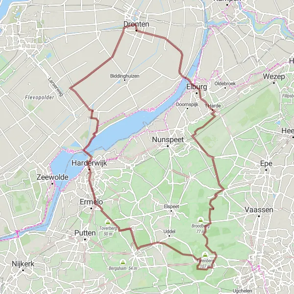 Map miniature of "Adventure in Gortel and Hoog Soeren Gravel Route" cycling inspiration in Flevoland, Netherlands. Generated by Tarmacs.app cycling route planner