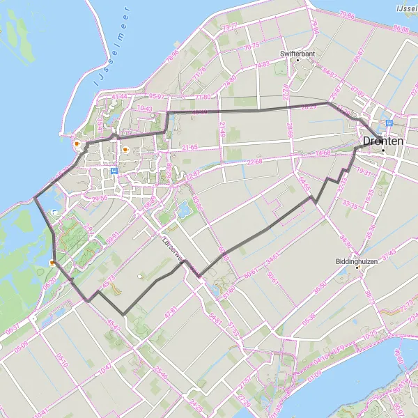 Miniatuurkaart van de fietsinspiratie "Rondje Batavia en DC-2" in Flevoland, Netherlands. Gemaakt door de Tarmacs.app fietsrouteplanner