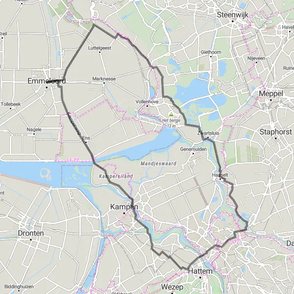 Map miniature of "Exploring Zwolle and Surroundings by Road" cycling inspiration in Flevoland, Netherlands. Generated by Tarmacs.app cycling route planner