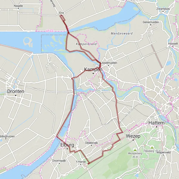 Map miniature of "Off the Beaten Path Gravel Adventure" cycling inspiration in Flevoland, Netherlands. Generated by Tarmacs.app cycling route planner