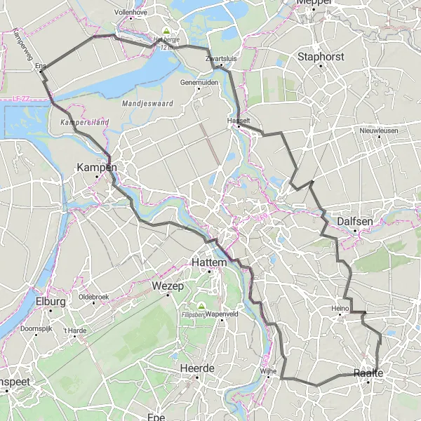 Map miniature of "The Dutch Horizon Ride" cycling inspiration in Flevoland, Netherlands. Generated by Tarmacs.app cycling route planner