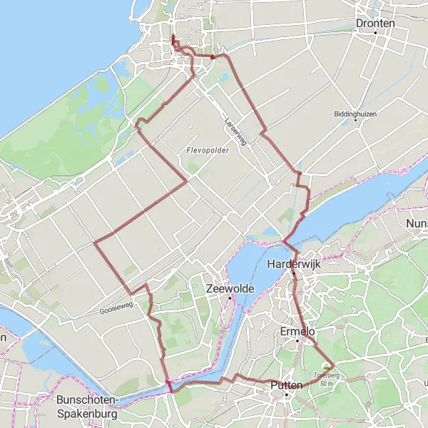 Miniatuurkaart van de fietsinspiratie "Kapiteinshut en Vogelkijkhut Route" in Flevoland, Netherlands. Gemaakt door de Tarmacs.app fietsrouteplanner