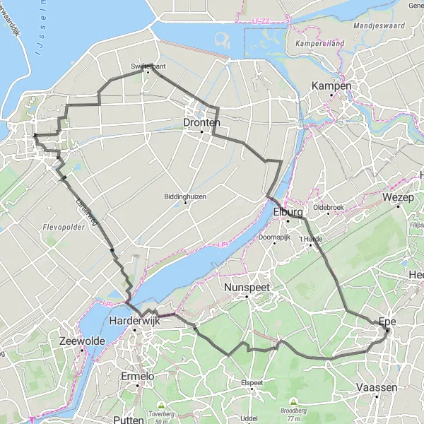 Miniatuurkaart van de fietsinspiratie "Rondje Veluwe en Harderwijk" in Flevoland, Netherlands. Gemaakt door de Tarmacs.app fietsrouteplanner