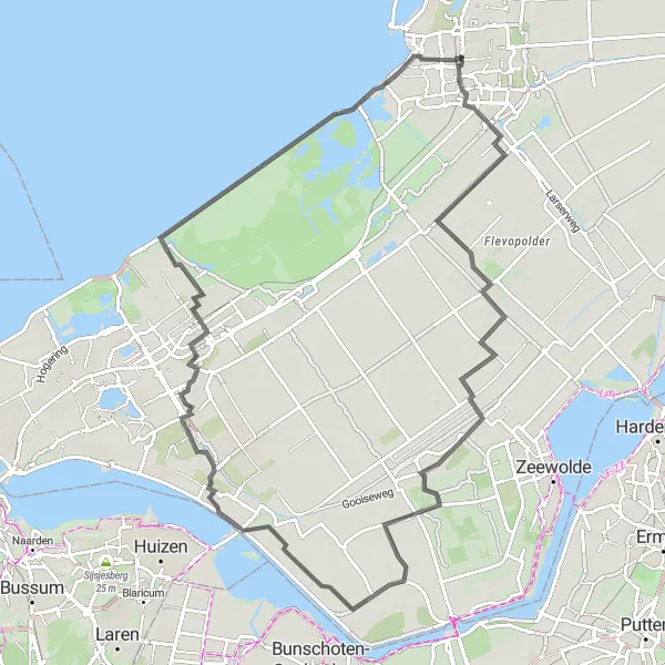 Miniatuurkaart van de fietsinspiratie "Rondje Bataviawerf en Eemmeer" in Flevoland, Netherlands. Gemaakt door de Tarmacs.app fietsrouteplanner