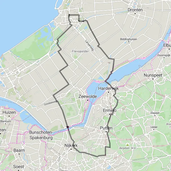 Map miniature of "Lelystad Road Challenge" cycling inspiration in Flevoland, Netherlands. Generated by Tarmacs.app cycling route planner