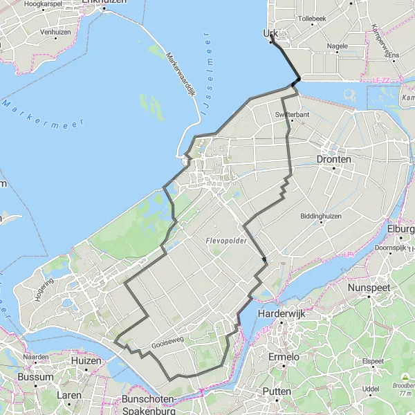 Map miniature of "Urk and Bataviawerf" cycling inspiration in Flevoland, Netherlands. Generated by Tarmacs.app cycling route planner