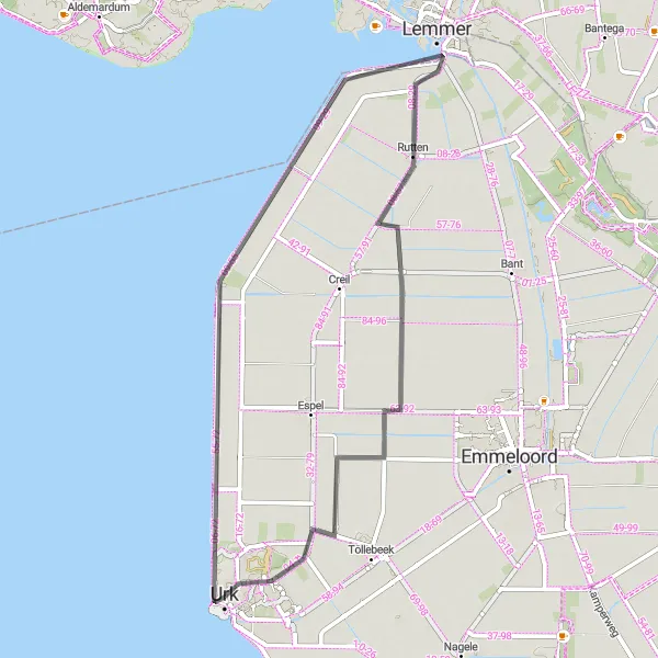 Map miniature of "Urk and Lemmer" cycling inspiration in Flevoland, Netherlands. Generated by Tarmacs.app cycling route planner
