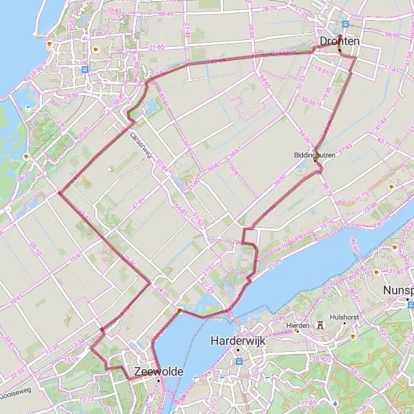 Miniatuurkaart van de fietsinspiratie "Gravel avontuur door Natuurpark Lelystad en Dronten" in Flevoland, Netherlands. Gemaakt door de Tarmacs.app fietsrouteplanner