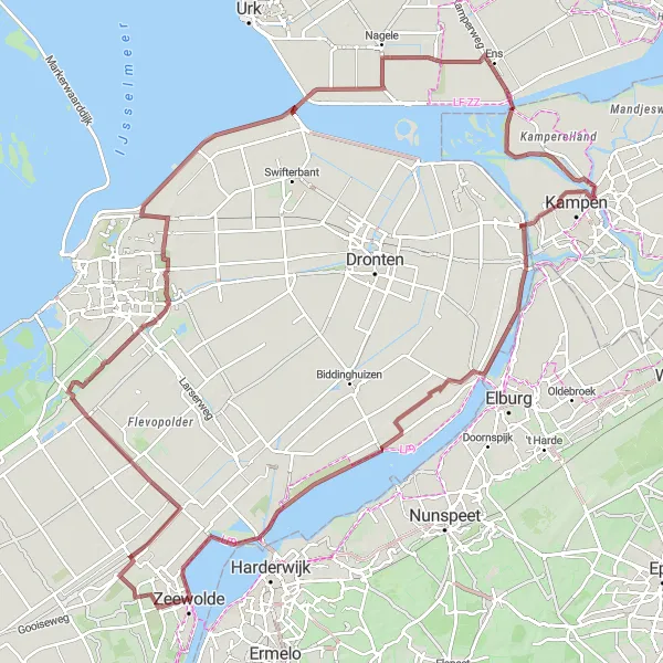 Miniatuurkaart van de fietsinspiratie "Avontuurlijke route langs natuurgebieden en uitzichtpunten" in Flevoland, Netherlands. Gemaakt door de Tarmacs.app fietsrouteplanner